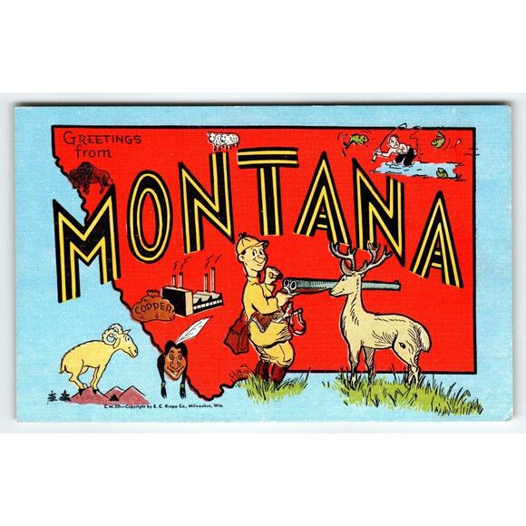 Greetings From Montana Deer Hunter Copper Factory Ram Postcard Map Linen Kropp - Picture 1 of 2